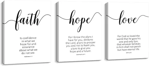 Creoate Lienzo decorativo para pared con versículos de la Biblia, 3 piezas, Faith Hope Love, decoración de pared religiosa inspiradora cristiana