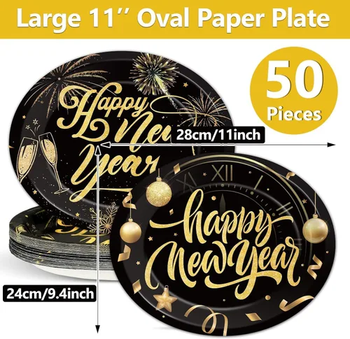 Miniatura 2 de 50 platos ovalados de papel de feliz año nuevo de 11 pulgadas, grandes, resistentes, negro y dorado, decoraciones de fiesta de Año Nuevo 2026