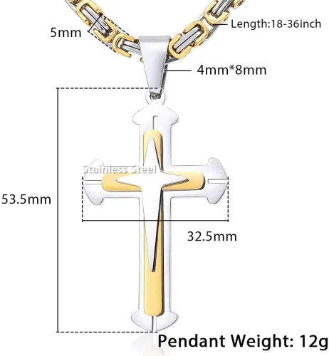 Miniatura 4 de Trendsmax - Collar con colgante de cruz para hombre, acero inoxidable, cadena bizantina de 22 24 26 28 30 pulgadas