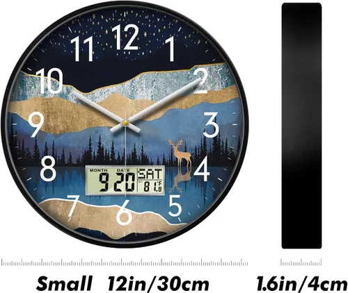 Miniatura 2 de Reloj de pared analógico silencioso con fecha y temperatura, reloj de pared digital de 12 pulgadas sin tictac, funciona con pilas, reloj de pared