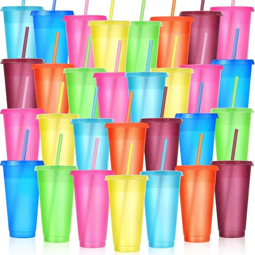 Miniatura 26 de Honeydak Paquete de 60 vasos con popote y tapa, vasos a granel para regalos, tazas de café de plástico con purpurina de 24 a 27 onzas, botella