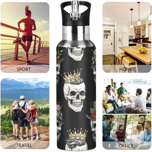 Miniatura 5 de Funny Skulls Black Insulated Stainless Steel Water Bottle with Straw 20 Oz, BPA-Free Sport Water Bottle Insulated Leakproof Water Bottles