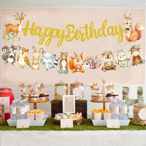 Miniatura 7 de Cartel de feliz cumpleaños de animales del bosque, decoraciones de criaturas del bosque, 2 piezas de pancartas recortadas de animales del bosque