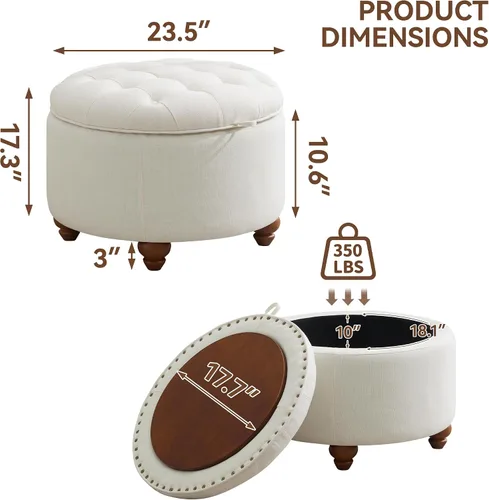 Miniatura 2 de WUTUTUEE Otomana redonda de almacenamiento de 24 pulgadas con bandeja, mesa de café circular tapizada moderna con almacenamiento, otomana tapizada