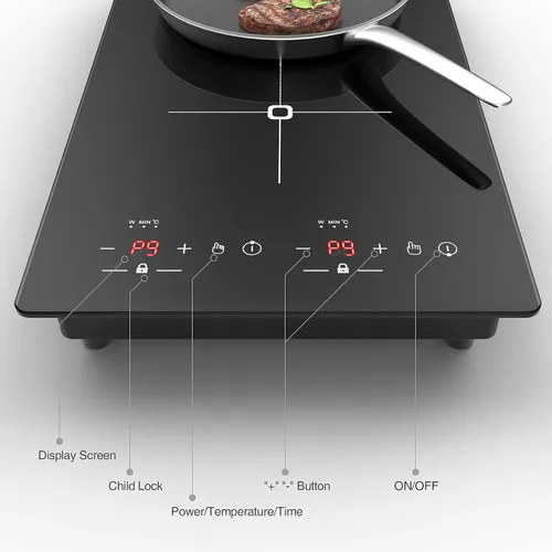 Miniatura 9 de VBGK Placa de cocción de doble inducción, 2300 W, 110 V, portátil, con pantalla táctil LED, 9 niveles de configuración, placa eléctrica con bloqueo