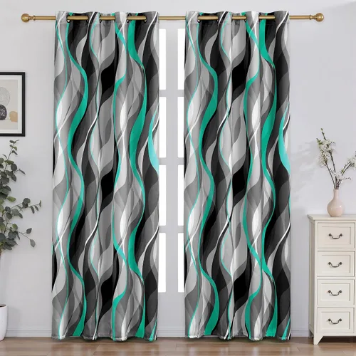 Miniatura 8 de weesire - Cortinas opacas azules y grises modernas con rayas decorativas, 100% bloqueo de luz, oscurecimiento con ojales, cortina azul para sala