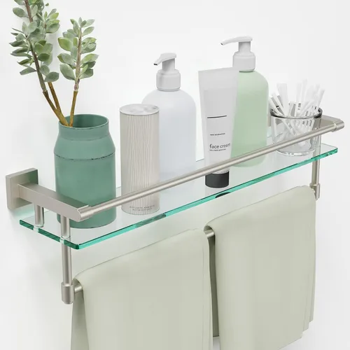 Estantería de vidrio para baño de 24 pulgadas moderna montada en la pared con 1 estante, níquel cepillado, 1 toallero, capacidad de peso de 45 lbs