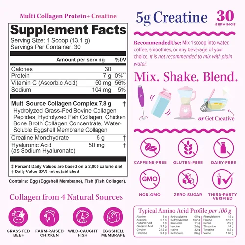 Miniatura 2 de Proteína de colágeno múltiple + creatina 0.18 oz de monohidrato de creatina con colágeno tipos I, II, III, V y X Apoyo para el cabello, la piel