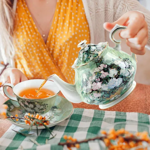 Miniatura 5 de Tetera de 30 oz de Van Gogh Pinturas de porcelana china hueso Tetera de té suelto Diseño floral Vintage Tetera de cerámica estilo europeo para café
