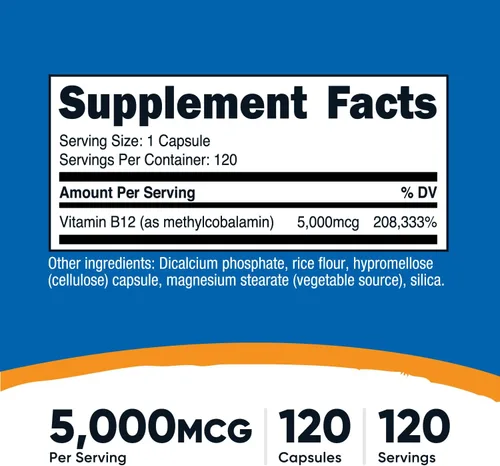 Miniatura 2 de Nutricost Vitamina B12 (metilcobalamina) 5000mcg, 120 cápsulas – Cápsulas vegetarianas, sin OMG, suplemento B12 sin gluten