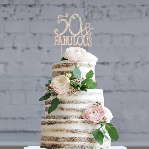 Miniatura 8 de Decoración de 50 tartas – Metal de oro rosa de alta calidad – 50 y fabuloso – Decoración brillante de diamantes de imitación para fiesta