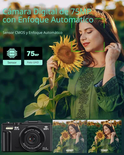 Miniatura 2 de Cámara digital - Cámaras digitales WiFi 5K para fotografía - Cámara de video de enfoque automático UHD de 75 MP para YouTube - Cámaras de video Negro