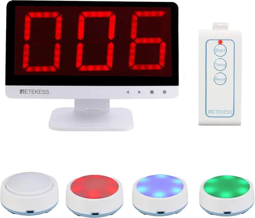 Retekess Sistema de zumbador inalámbrico TM101, contesta zumbadores con luces y sonido, añade hasta 32 botones, 262 pies, zumbadores de programas de