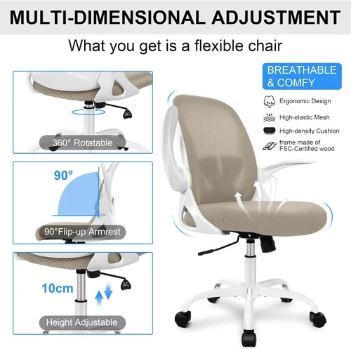 Miniatura 6 de Primy Silla de Oficina Ergonómica Silla de Escritorio con Reposabrazos Abatibles Silla Giratoria de Escritorio de Malla Transpirable para Caqui