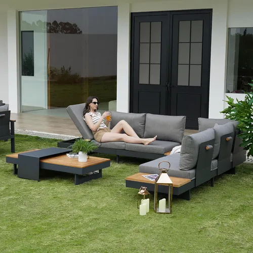 Miniatura 6 de homary Juego de 6 sofás seccionales de aluminio y teca para exteriores con respaldos ajustables, cojines impermeables, ideal para patios y balcones