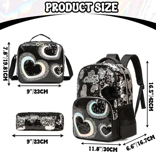 Miniatura 32 de Mochila para niñas de 16 pulgadas, mochilas para niñas para la escuela, mochila de lentejuelas con lonchera para estudiantes de primaria