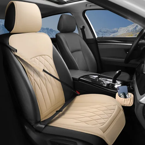 Miniatura 12 de BEITK Paquete de 2 fundas de cuero para asiento delantero de automóvil, protectores universales para asiento de automóvil sin laterales con bolsillo