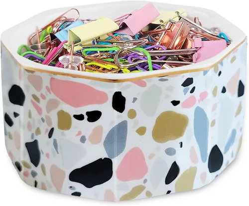 Miniatura 14 de Portaclips de Cerámica con Línea Dorada Dispensador Organizador de Clips para Escritorio Lindo Patrón de Mármol Terrazo Portaclips de Oficina