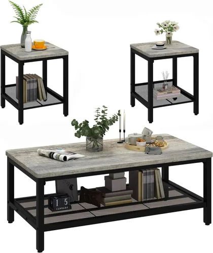 Conjunto de 3 mesas de café AWQM, mesa de café industrial con 2 mesas auxiliares cuadradas, conjunto de mesas modernas para sala de estar con marco