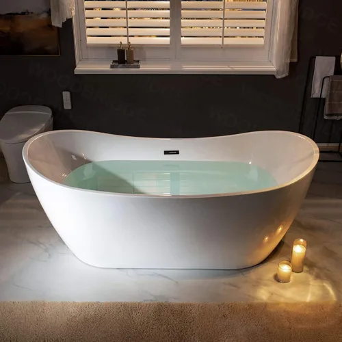 Miniatura 3 de WOODBRIDGE Bañera de remojo acílica blanca independiente de 71 pulgadas con kit de drenaje y relleno de bañera de montaje en piso en negro mate