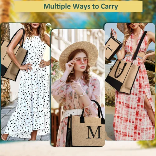 Miniatura 5 de Jute Initial Tote Bag Burlap Beach Bag Personalized Birthday Gifts for Women Teacher Mom Bridal Bridesmaid Gifts