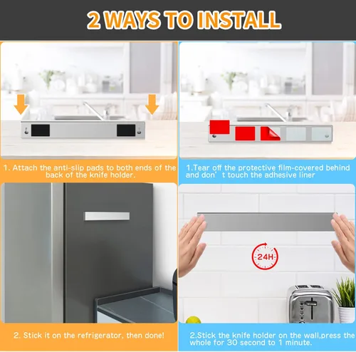 Miniatura 4 de Ninonly - Porta cuchillos magnético de 10 pulgadas para refrigerador, tira magnética de doble cara de acero inoxidable para pared, estante magnético