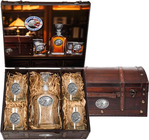 Miniatura 18 de Heritage Pewter Alabama Capitol - Juego de baúl Recipiente de líquido de 24 onzas con 4 vasos de agua Vidrio de peltre elaborado por expertos