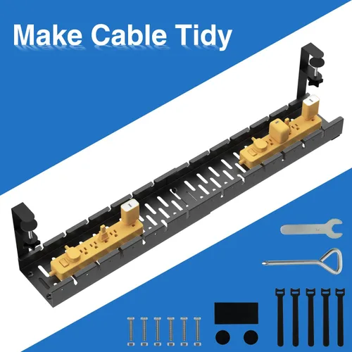 Miniatura 7 de Sin Perforación Extensible para Gestión de Cables Debajo del Escritorio, Bandeja de Gestión de Cables de Metal Debajo del Escritorio con Abrazadera