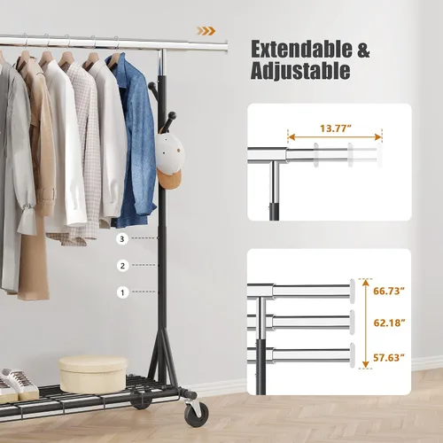 Miniatura 4 de Gewudraw Estante de ropa resistente con carga de 900 libras, estante comercial de doble barra con ruedas y estantes resistentes, estante colgante