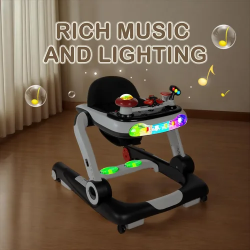 Miniatura 4 de Kinder King Andador para bebés con música y luces, 5 en 1 caminante de actividad para bebés con rueda, altura y asiento ajustables, asiento de Negro