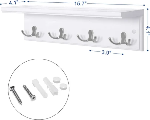 Miniatura 6 de SONGMICS Perchero colgante de entrada, estante de madera montado en la pared, con 4 ganchos dobles, estante flotante de pared, blanco ULHR42WT