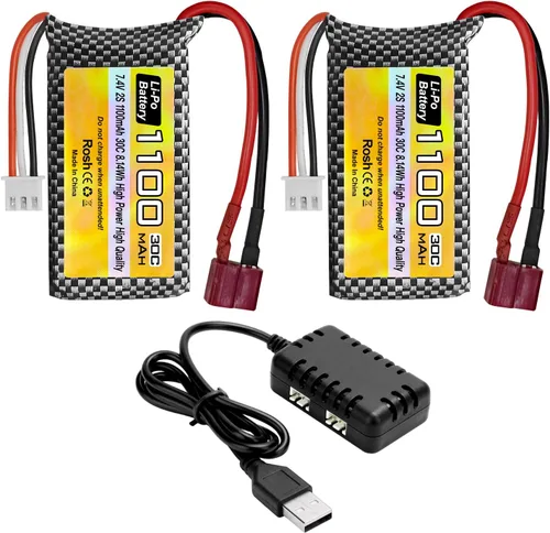 sea jump Batería Lipo de 7.4 V 1100 mAh 2S con enchufe en T y 1 remolque 2 cargador adecuado para Haiboxing 18858 18859 18859A 16890A y XLH Q903