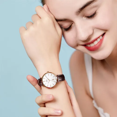 Miniatura 4 de Reloj clásico de cuarzo para mujer, elegante y resistente, con correa de piel de vacuno, perfecto para cualquier ocasión
