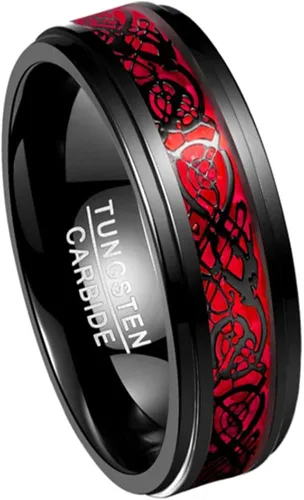 Corato Anillos de tungsteno para hombre, 0.315in, dragón celta negro y ópalo rojo, dos tonos, carburo de tungsteno, borde escalonado, ajuste cómodo,
