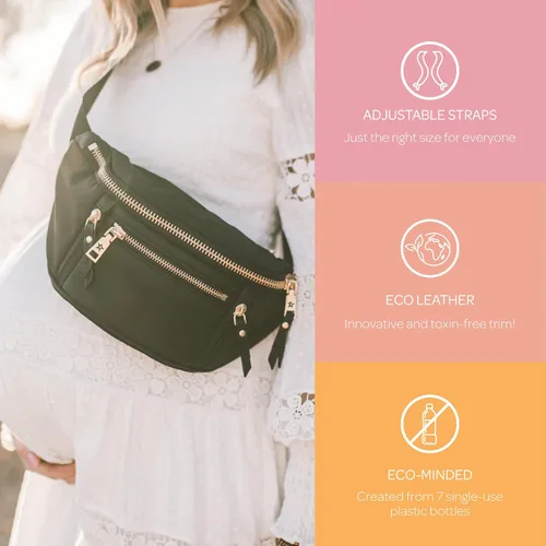 Miniatura 4 de JuJuBe Bolso bandolera ecológico, riñonera negra de moda para mamás, adorable riñonera o cangurera cruzada, incluye 5 bolsillos y ranuras