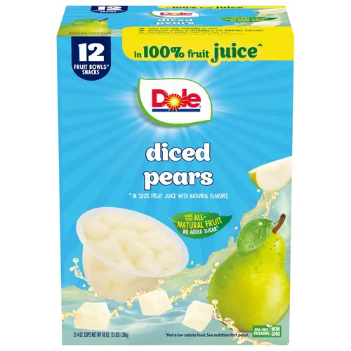 Dole - Tazones de peras en cubos en jugo 100% de fruta, 4 oz, 12 tazas en total, sin gluten ni lácteos, refrigerios a granel para niños y adultos