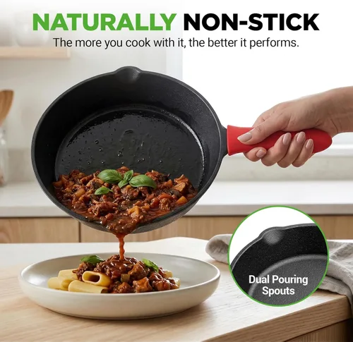 Miniatura 4 de NutriChef 3 piezas de sartenes de hierro fundido - Utensilios de cocina de hierro fundido pre-sazonados con caño de goteo, mangos de silicona