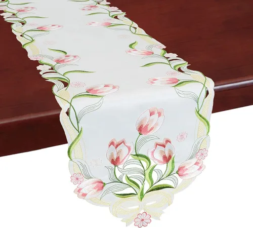 Miniatura 7 de Caminos de mesa pequeños bordados de tulipán, manteles florales de primavera para Pascua (azul, 13 x 35 pulgadas)