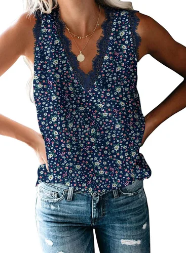 Miniatura 214 de VIISHOW - Camiseta sin mangas, sexy, con cuello en V y bordes de encaje para mujer, camisola de vestir, camisas de gasa, sin mangas, casuales