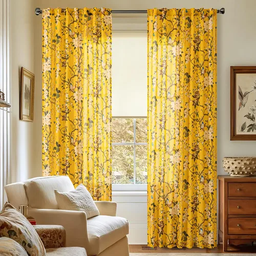 Miniatura 48 de Cortinas de lino florales azules y amarillas, estilo vintage, bohemio, de 63 pulgadas, 2 paneles con pestaña trasera para sala de estar