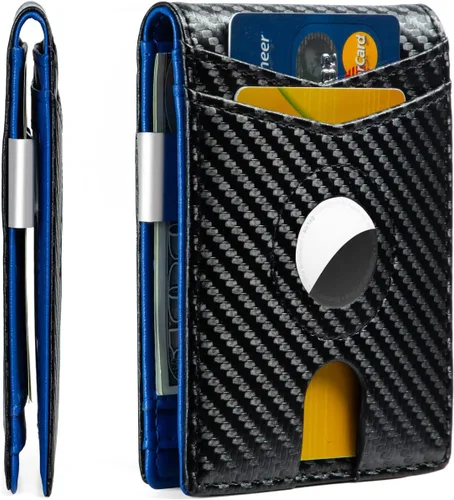 Huztencor AirTag - Cartera delgada para hombre con clip para dinero, bloqueo RFID, funda plegable para tarjetas de crédito para Apple Air Tag, fibra