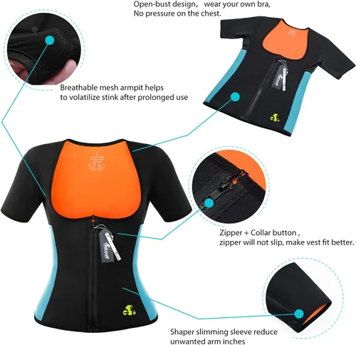 Miniatura 2 de Chaleco de neopreno para mujer, con mangas, para hacer ejercicio, moldeador de cuerpo, camiseta deportiva sin mangas Negro