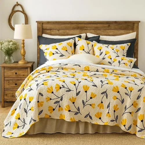 DaDa Bedding - Juego de colcha acolchada con diseño floral botánico de flores amarillas y doradas, diseño de tulipanes de primavera, bordes