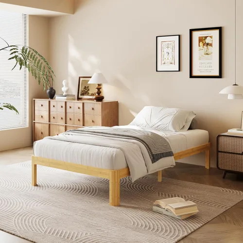 Cama de plataforma de madera individual XL de 12 pulgadas, marco de cama de madera de mediados de siglo, tamaño individual XL, no necesita somier,