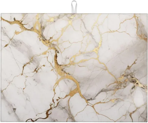 Miniatura 90 de Tapete de secado de platos de mármol blanco dorado para encimera de cocina, absorbente de 16 x 18 pulgadas, placa de microfibra de vidrio