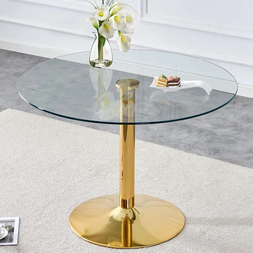 Miniatura 9 de gopop Mesa de comedor de vidrio de 35 pulgadas, mesa de cocina redonda con vidrio templado de 0.3 pulgadas y patas de metal cromado dorado, fácil