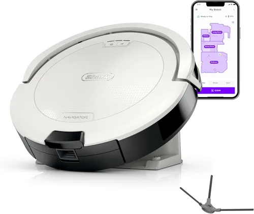 Aspiradora robot Shark Navigator con navegación SmartPath y cepillo autolimpiable, potente succión, para alfombras y suelos duros, blanca, AV2120