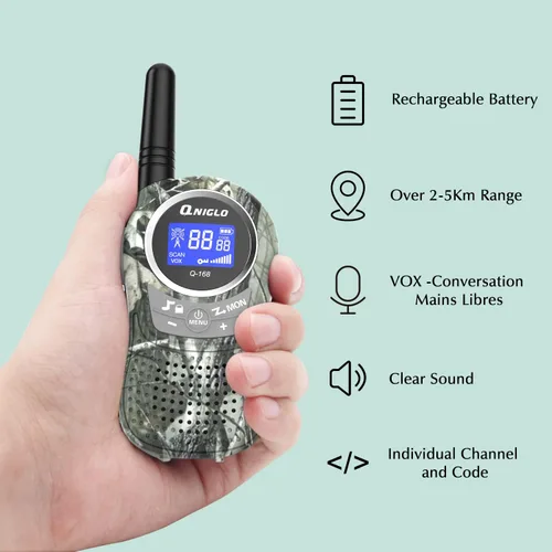 Miniatura 2 de QNIGLO Walkie Talkies para acampar para niños recargables, Walkie Talkies de camuflaje para niños y niñas, adecuados para juegos de aventura al aire