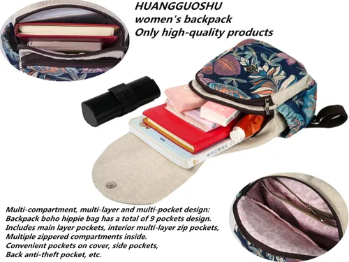 Miniatura 134 de HUANGGUOSHU Mochila de algodón tejida de algodón bohemio con bordado de lona estilo bohemio con múltiples bolsillos retro linda mochila cartera
