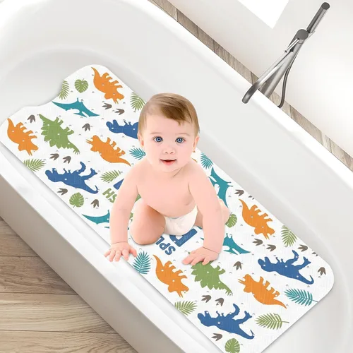 Tapete de ducha para bañera de dinosaurio, selva, diseño tropical, caprichoso, antideslizante, extra largo, 40 x 16 pulgadas, lavable a máquina para